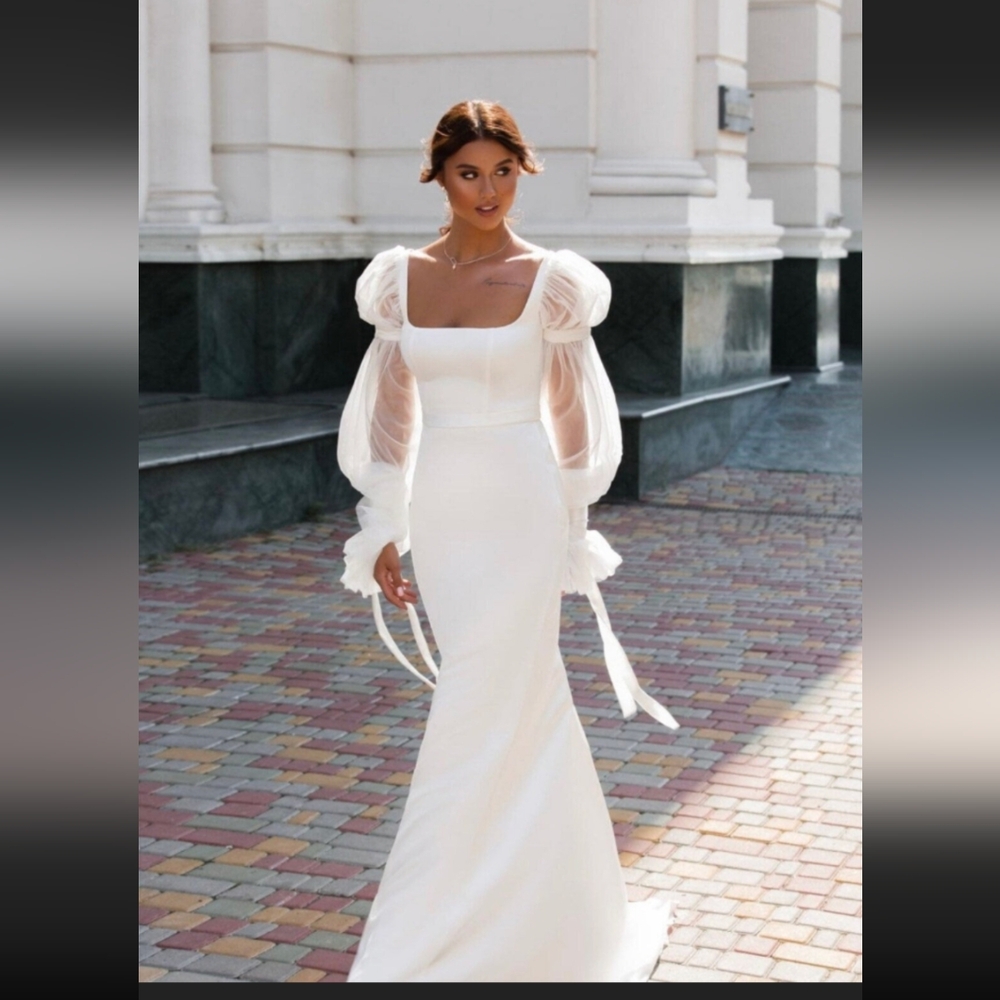 White Satin Wedding Dress Tulle Puff Long Flowy Sleeves, Bridal, Bachelorette